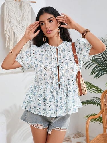 WDIRARA Women's Floral Print Bow Tie Front Blouse Puff Short Sleeve Round Neck Peplum Babydoll Shirt thumbnail 4