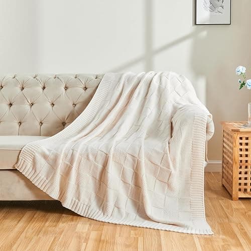 CozeCube Cream White Knitted Checkered Throw Blanket 60"X80" | Check Knit Throw for Couch, Decorative Christmas Soft Cozy Warm Blanket for Bed Sofa Living Room thumbnail 5