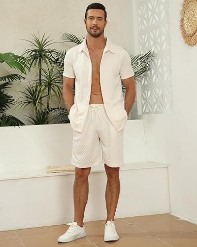 MLANM Men's Shirt Set 2 Piece Summer Outfit Short Sleeve Button Down Shirts and Shorts Sets with Pockets thumbnail 4