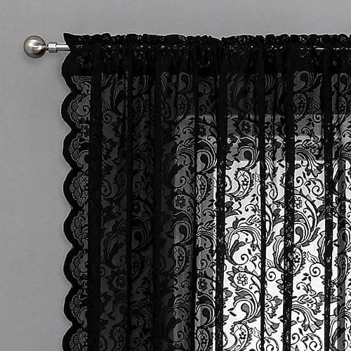 Bujasso Black Sheer Lace Curtains 54 inch Elegant Vintage Floral Short Curtain Panels for Kitchen Living Room Bedroom Light Filtering Black Drapes Window Treatment Sets Rod Pocket 2 Panels 54" Wx54 L thumbnail 6