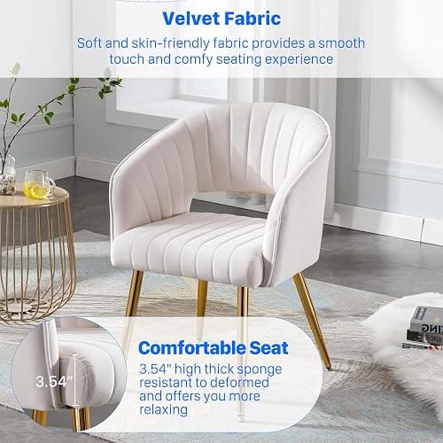 KCC Velvet Desk Chair Upholstered Tufted Chairs Dining Chairs 1 PC & Cream | Modern Accent Armchair Tufted Vanity Chairs with Gold Metal Legs Dining Chair for Dining Room Living Room Restaurant thumbnail 6