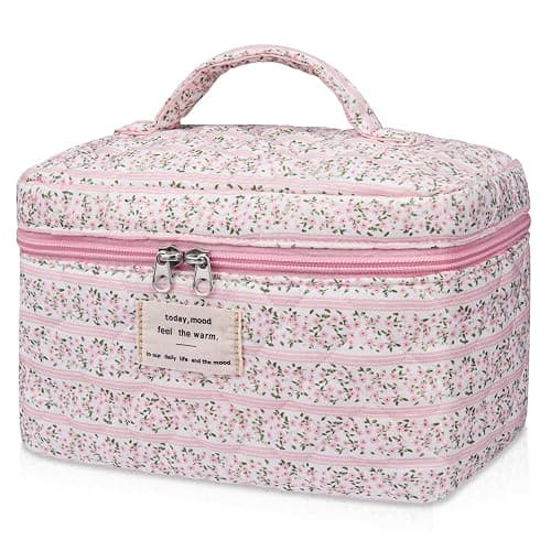 Gosect Large Makeup Bag, Cute Cosmetic Bag for Women Girls, Floral Coquette Aesthetic Toiletry Bag, Travel Make Up Organizer Bag(Small Pink Floral - Image 1