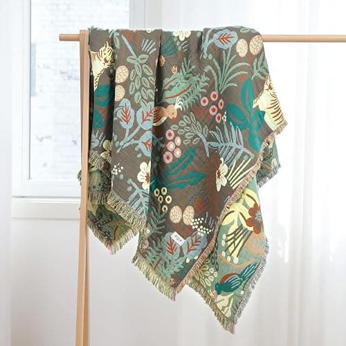 Boho Throw Blanket for Bed 100% Cotton Soft Lightweight Quilt Blanket Twin Forest Tiger Embroidery Home Decor Breathable Bed Blankets,60"×80" All Season Throw for Sofa Couch Chair thumbnail 6