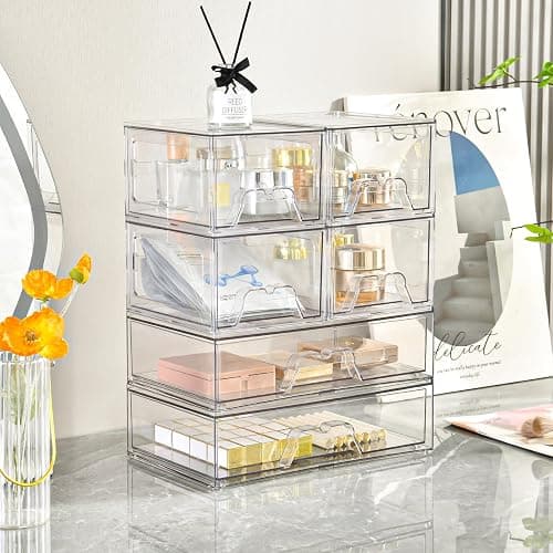 Stebopum 6 Pack Stackable Storage Drawers Clear Acrylic Organizer Makeup Bathroom Organizer and Storage Bins for Beauty Supplies,Ideal for Vanity, Bathroom,Pantry Organization thumbnail 2