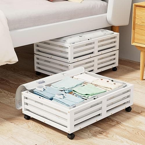 WISUCART Bamboo Under Bed Storage Containers- Underbed Organizer with Wheels with Large Capacity Dust Bag,Sturdy Wood Rolling Under Bed Shoe Storage Organizer 2 Packs (White, 2 Packs (23.62"×16.54")) - White - 2 Packs (23.62"×16.54") - Image 1