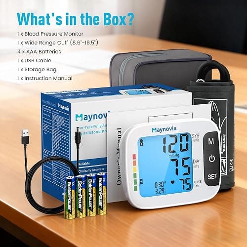 Maynovia Upper Arm Blood Pressure Monitor with Wide Cuff (8.6''–16.5''), Automatic Digital BP Machine for Home Use, Large Backlit Display, Voice Broadcast, Irregular Heartbeat Detection & 2×60 Memory thumbnail 9