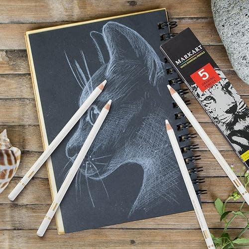 MARKART Professional White Charcoal Pencils Set, 5 Pieces | Sketch Highlight Charcoal Pencils for Drawing, Sketching, Shading, Blending, White Chalk Pencils for Beginners & Artists thumbnail 2