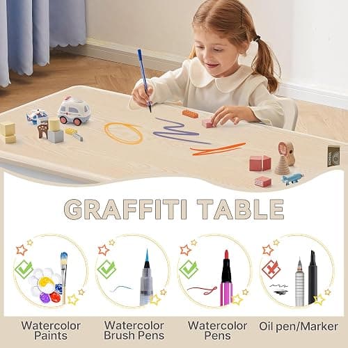 GITAWUSA Kids Study Table and Chairs Set, Height Adjustable Toddler Table and Chair Set for Kids Ages 3-8, 23.6" L x 23.6" W Graffiti Desktop Plastic Children Art Table with 2 Seats, Burlywood thumbnail 4
