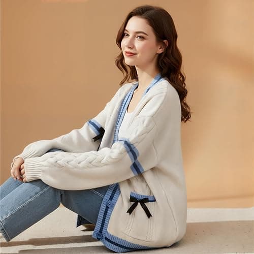 Shebote Womens Cute Sweet Cardigan Sweater Long Sleeve V-Neck Bowknot JK School Uniform Cardigans Knitted Sweaters thumbnail 5