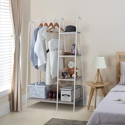 Finnhomy Metal Clothes Closet Rack, Clothing Rack for Hanging Clothes White Heavy Duty Garment Rack with 5 Wood Shelves Freestanding Portable Closet Organizer for Bedroom/Entryway/Boutiques thumbnail 2