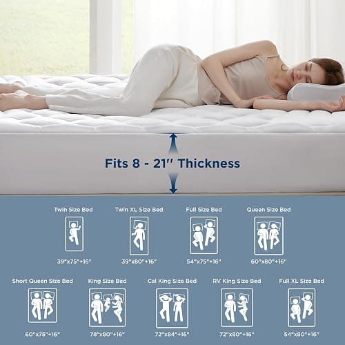 Bedsure Queen Mattress Pad - Quilted Fitted Mattress Topper Protector with 8-21 Inches Deep Pocket, Noiseless Breathable Bed Cover Padded, Machine Washable, White, 60x80 Inches thumbnail 7