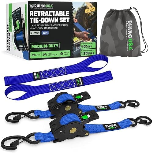Rhino USA Retractable Ratchet Straps (2-Pack) - 1 Inch x 10 Feet (1,209lb Break Strength) - Auto Self Retracting Tie Down Straps for Truck, Cargo Trailer, Motorcycle, ATV, UTV - Blue - Image 1
