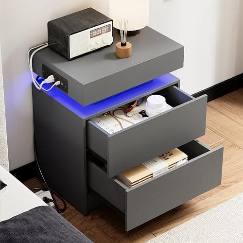LIKIMIO Night Stand with Charging Station, Modern Grey Nightstand with LED Light and Drawers, Bedside Tables/End Table for Bedroom thumbnail 8