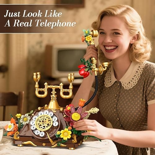 PLAXSOON Flowers Retro Telephone Clock Building Set, 2 in 1 Collectible Vintage Phone Model Building Block Kit with Realistic Design, 882 PCS Home Office Decor, Gift for Adults Teens Girls Boys 12+ thumbnail 4