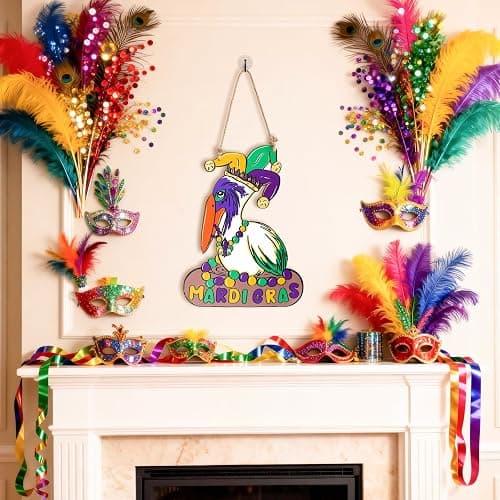 Mardi Gras Decorations, Wooden Pelican Sign for Mardi Gras Front Door Hanger, New Orleans Carnival Signs Decor Wreath Mantel Home Wall Porch for Holiday Hanging Decorations Outdoor Indoor thumbnail 7