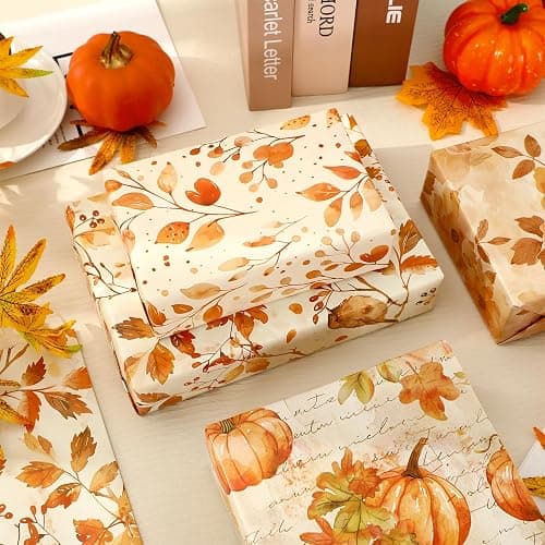 8 Sheets Fall Watercolor Wrapping Paper -Not Roll- Pumpkin Leaves Flower Bird Gift Wrap Paper Folded Flat for Autumn Thanksgiving Party DIY Crafts, 19.7 x 27.6 Inch thumbnail 5