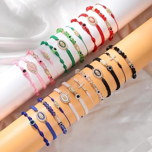 Gorgeoos 24Pcs Red Lucky Mexican Bracelets Set - Virgin Mary & San Judas Catholic Bracelets with Evil Eye Beads Glass Beads Red String Protection Bracelet for Women Men Anklet Gift Spiritual Jewelry thumbnail 7