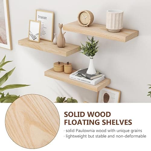 fuqing Natural Wood Floating Shelves - Wood Floating Shelves for Wall Set of 3-17 Inch Wide x 6.7 Inch Deep Natural Wooden Shelves for Living Room Bedroom Home Office thumbnail 4