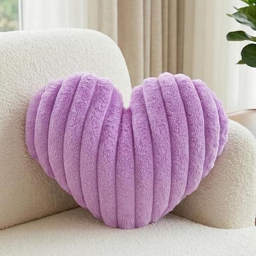 16 Inch Heart Pillow Cute Lavender Decorative Throw Pillows for Bed Couch | Heart Shaped, Fluffy Faux Plush Cushions, for Sofa Chair Bedroom Room Home Decor Aesthetic, Valentines Gift for Women Girls - Image 1