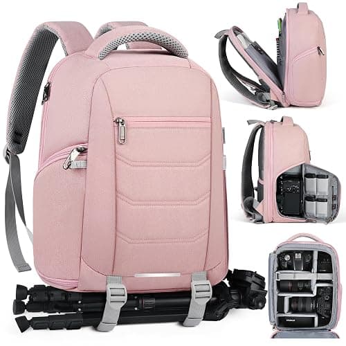 SDYSM Camera Bag Backpack Professional for DSLR SLR Mirrorless Camera Waterproof Laptop Back Pack 14 Inch with Rain Cover Anti Theft Travel Case Large Capacity Photography Backpack Pink - Image 1