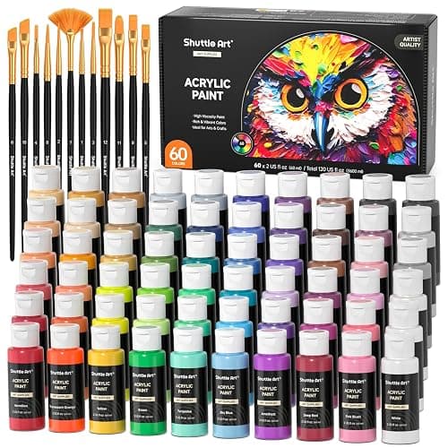 72 Pack Acrylic Paint Set, Shuttle Art 60 Colors Acrylic Paint Including Extra White Black & 12 Brushes, 2oz/60ml, Rich Pigmented, Water Proof, Ideal for Artists, Beginners on Canvas Rock Wood Ceramic - Image 1