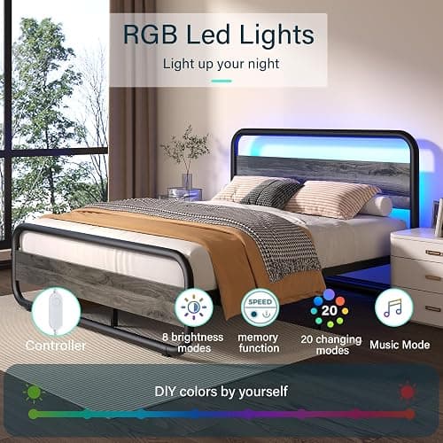 Catrimown Queen Bed Frame with LED Lights, Heavy Duty Metal Rustic Platform Bed Frame Queen Size, with Headboard, Under Bed Storage, Noise Free, No Box Spring Needed, Wash Gray thumbnail 4