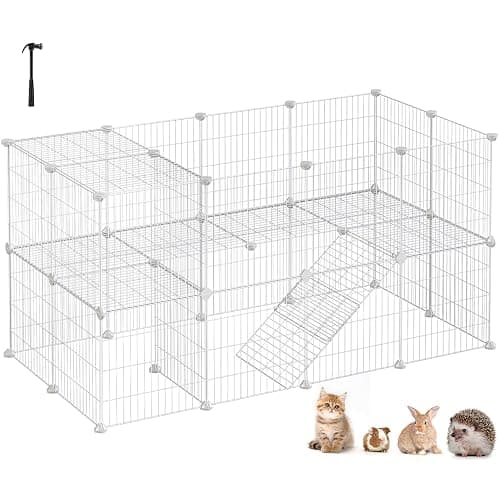 SONGMICS 2-Floor Metal Pet Playpen, 36 Grid Panels, Customisable Cage Enclosure for Small Animals, Guinea Pigs Hamster Runs, Rabbit Hutches, Includes Mallet, Indoor Use, 143 x 73 x 71 cm, White LPI02W - Image 1