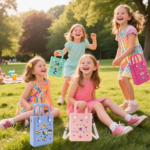 Mini Rubber Tote Bag, with 30Pcs Charms & 1Pcs Adjustable Shoulder Strap | X-Small EVA Beach Tote, Size: 8.07 × 6.7 × 3.15in, Long-Lasting and Not Easy to Fade, Fit for Little Girls and Women thumbnail 2