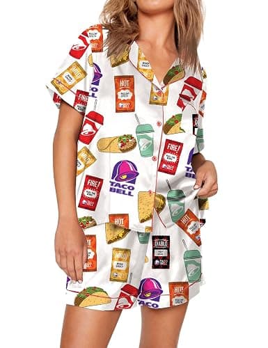 Womens Button Down Pajama Sets Soft Button Down Loungewear 2 Piece Outfits Funny Satin Pjs Shorts Set XXS-XXXL thumbnail 2