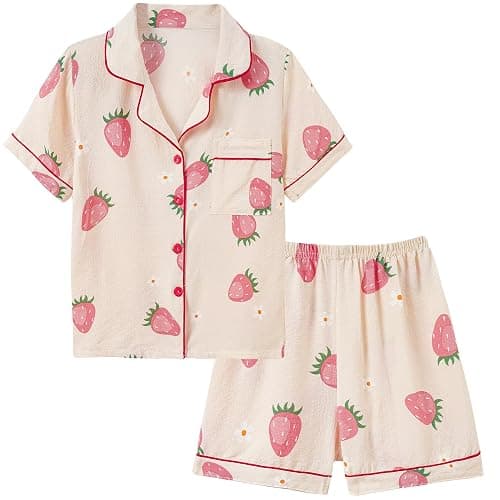 Hupohoi Girls Pajamas Short Sleeve with Shorts Button Down Loose Fit Summer Sleepwear Soft Wrinkle Muslin Nighty 2pcs - Image 1