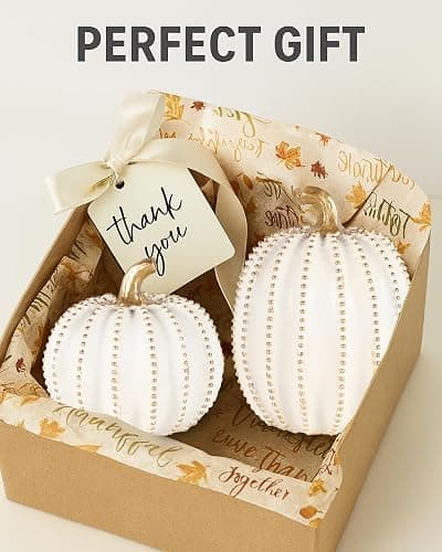 GoGnome Set of 2 White & Gold Decorative Pumpkins – Resin Fall Harvest Table Centerpiece, Elegant Autumn Décor for Thanksgiving Decoration Farmhouse Home (White) thumbnail 6
