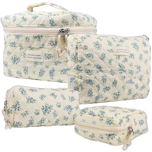 VIWIME Makeup Cosmetic Bag, Large Cotton Quilted Travel Coquette Aesthetic Cute Floral Make up Bag for Women Toiletry Bag Organizer (203- Blue Rose / 4Pcs) - Image 1