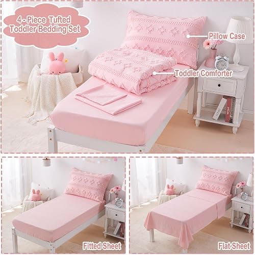 Pink Toddler Bedding Set for Girls 4-Piece Boho Tufted Toddler Comforter Set Jacquard Tufts Bed-in-a-Bag Crib Toddler Bed Sheet Set for Kids with Comforter, Flat Sheet, Fitted Sheet, Pillowcase | Toddler Bedding Set, Toddler Comforter, Toddler Sheets Set, Crib Bedding Set, Toddler Bed Set, Toddler Girl Bed Set thumbnail 5