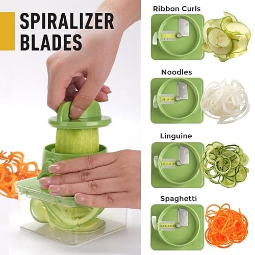 Mueller Pro-Series All-in-One, 12 Blade Mandoline Slicer for Kitchen, Food Chopper, Vegetable Slicer and Spiralizer, Cutter, Dicer, Grater, Kitchen Gadgets Sets with Container, White Sand/Pastel Green thumbnail 8