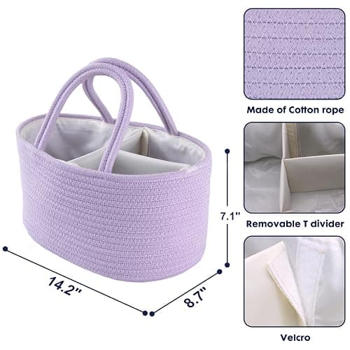 XUANGUO Cotton Rope Baby Diaper Caddy Organizer for Girls Purple Lavender | Nursery Storage Bin, Portable Baby Tote Bag for Changing Table or Car, Baby Shower Gifts Bag, Newborn Essentials, Registry thumbnail 3