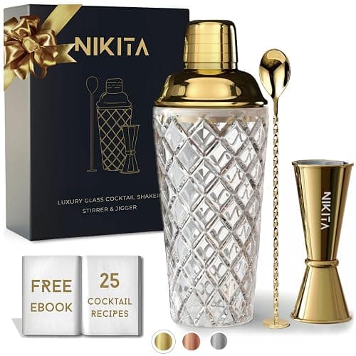 Gold Cocktail Shaker Set - 5 Piece Martini Shaker Set with Strainer, Jigger, Spoon & Muddler - 16oz Glass Cocktail Shaker Set - Ideal Gift for Home Bar & Drink Trolley Décor - Image 1