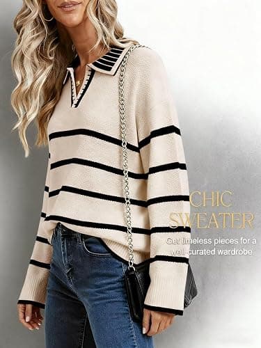 Women's Polo Sweater Long Sleeve V Neck Striped Collared Pullover Fall Sweater Tops 2025 thumbnail 4