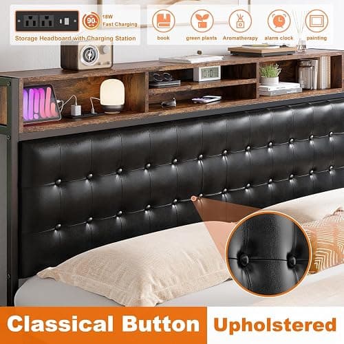 EnHomee Full Bed Frame with 4 Storage Drawers and Headboard Upholstered Bed Frame Full Size with Charging Station, No Noise, Metal Support, No Box Spring Needed,Vintage Brown thumbnail 4
