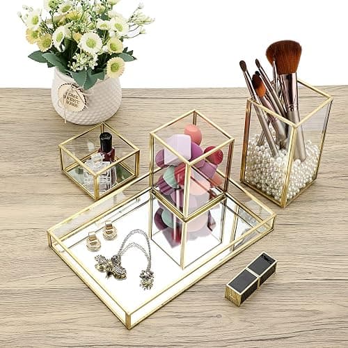 Hipiwe Set of 4 Gold Glass Makeup Brush Holder Organizer with Vanity Tray | Stackable Perfume & Cosmetic Brush Organizer, Mirrored Jewelry Trinket Tray, Pen & Pencil Holder for Dresser Bathroom thumbnail 5