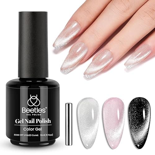 Beetles Star Cascade Silver Cat Eye Gel Nail Polish - 15ML Christmas Silver Glitter Cat Eye Gel Polish with Magnet Soak Off UV Velvet Nail Polish Salon DIY Manicure Winter Gift for Women - Image 1