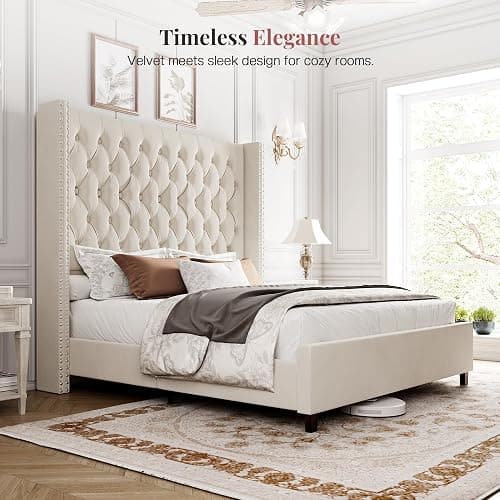 PaPaJet Queen Size Bed Frame with 61.4" Tall Headboard, Velvet Modern Upholstered Tufted Bed for Adults, Handmade Deep Button Tufting, Solid Wood Legs, No Box Spring Required, Cream thumbnail 7
