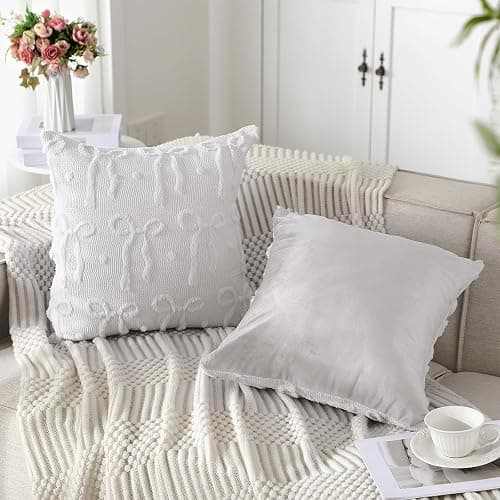 Mixweer Cream White Bow Throw Pillow Covers 18x18 Set of 2 Coquette Decorative Pillow Covers Soft Plush Faux Wool Aesthetic Pillowcases Preppy Room Decor for Bed Sofa Couch Living Room thumbnail 5