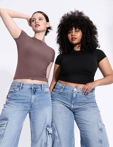 PUMIEY Women's Crew Neck Short Sleeve Tops Double Lined Slim Fit T Shirts Basic Tee Smoke Cloud Pro Collection thumbnail 6