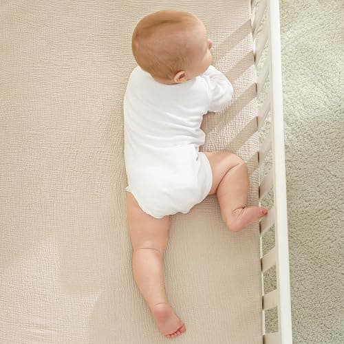 Bearmoss Muslin Crib Sheets 100% Cotton Baby Crib Sheets Fitted for Standard Crib Mattress & Toddler Bed Mattress 52"x28" Soft Breathable Crib Sheet Neutral for Boys Girls - 2 Pack (Oat Latte) thumbnail 7