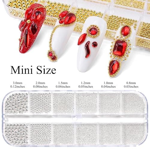 Silver Gold Nail Charms 2 Boxes Round Balls Caviar Beads for Nails Art Design Gold Nail Beads Gems 3D Metallic Jewelry Decorations for DIY Salon Manicure with Tools thumbnail 2