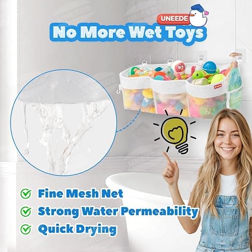 UNEEDE 4.95 Gallons 3 Compartment Horizontal Bath Toy Storage | Extra Large Capacity,Mesh Quick Dry Bathtub Storage and Organizer,Easy Access Baby Bath Toy Holder Shower Caddy thumbnail 5