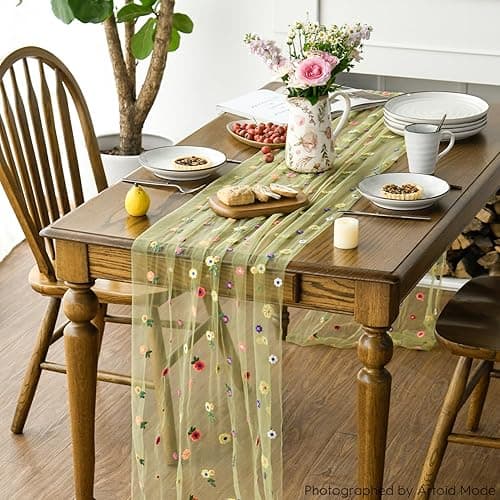 Artoid Mode Green Embroidery Daisy Gauze Table Runner 120 Inch 10FT, Seasonal Sheer Kitchen Dining Holiday Wedding Birthday Table Decor for Home Party - 28" x 120" - Green thumbnail 5
