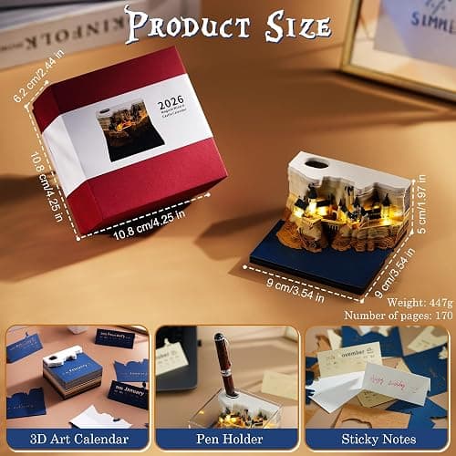 3D Time Piece Calendar 2026, Art Calendar Memo Pad 2026 Mini Desk Calendars Magic Castle with Lights, 3D Sticky Note Desktop Tear Off Calendar Gift for Christmas Office Decoration thumbnail 2