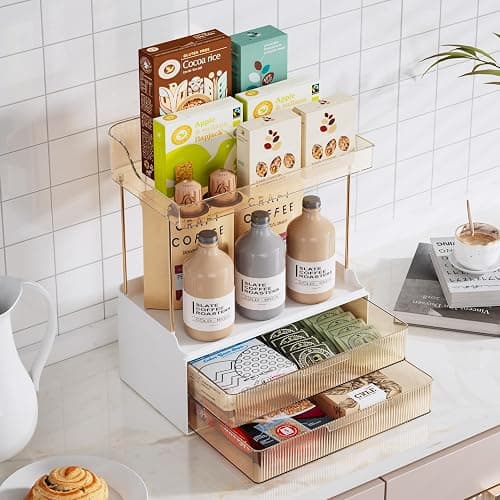 Delamu 4-Tier Makeup Organizer, Bathroom Counter Storage, 2 Drawers, Amber | Elegant Vanity Organizer Gift for Women, Holds Perfume, Skincare, Nail Polish & Hair Accessories for Bathroom Countertop thumbnail 9