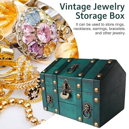 Vintage Wooden Treasure Chest, Jewelry Storage Box with Lock, Classical Storage and Decorative Box, Large Capacity Vintage Decorative Box, Jewelry Storing Storage Organizer for Home Decoration,Green thumbnail 4